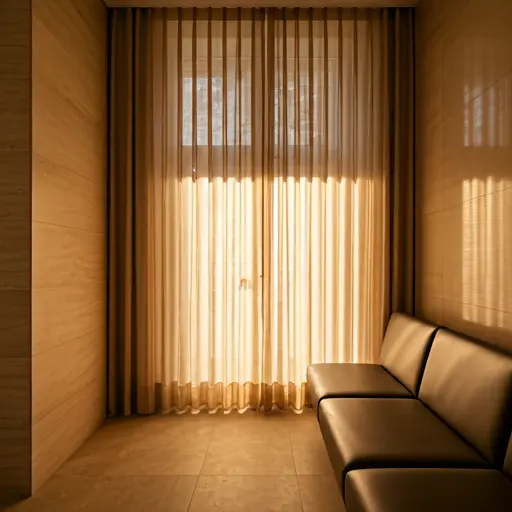 Soft warm sunlight filtering through a modern minimalist dental clinic waiting area with sheer curtains and neutral tones