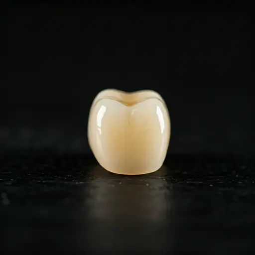 Abstract macro shot of a highly polished ceramic dental crown on a clean, minimal background