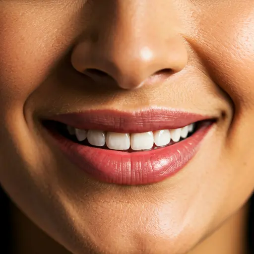 Close up of a perfect, natural-looking smile in warm, soft lighting