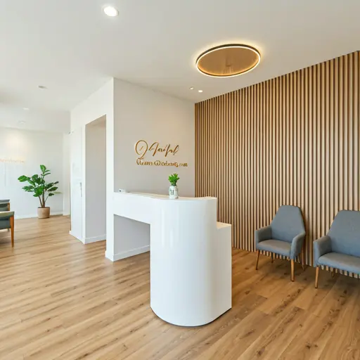 Bright modern dental clinic reception area with natural light and minimalist warm decor
