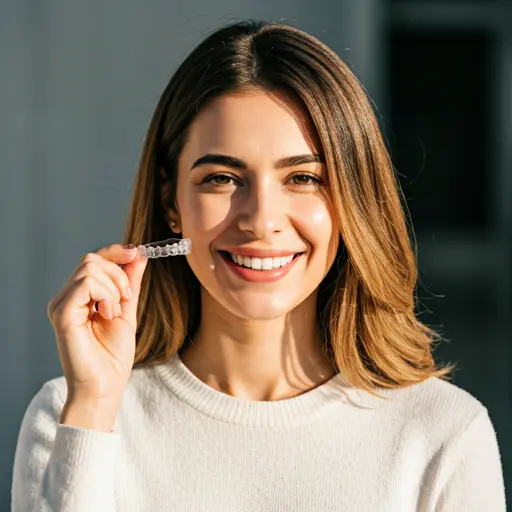 Woman smiling brightly holding an invisible clear dental aligner in soft sunlight