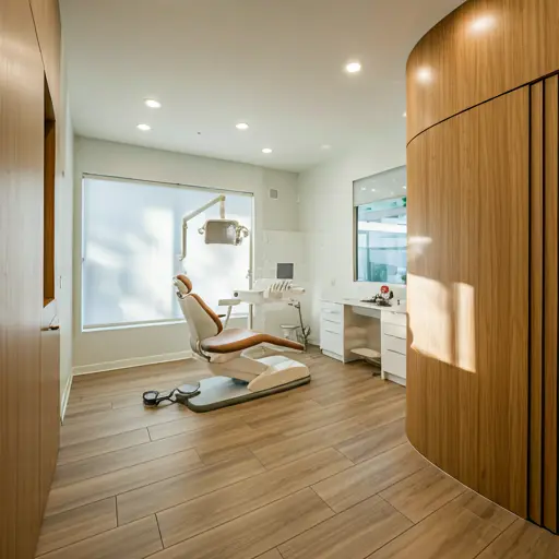 Bright, airy dental clinic interior in Miami with soft morning light, minimalist aesthetic, and warm wood accents